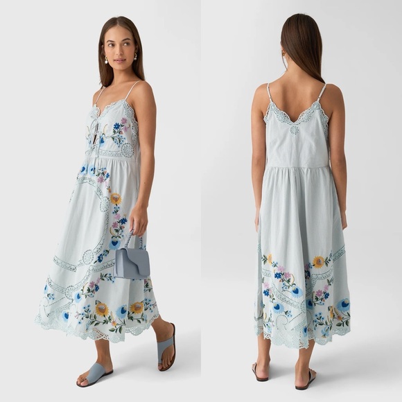 Sea NY Celia Embroidered Slip Dress Floral Cotton Linen Midi Size Large - Picture 11 of 16